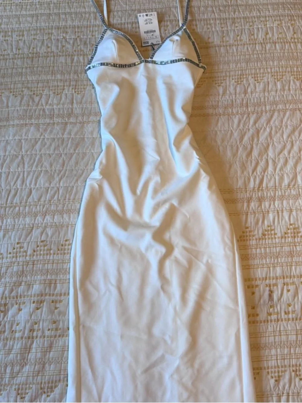 Zara Cream Slip Midi Dress with Decorative Trim
